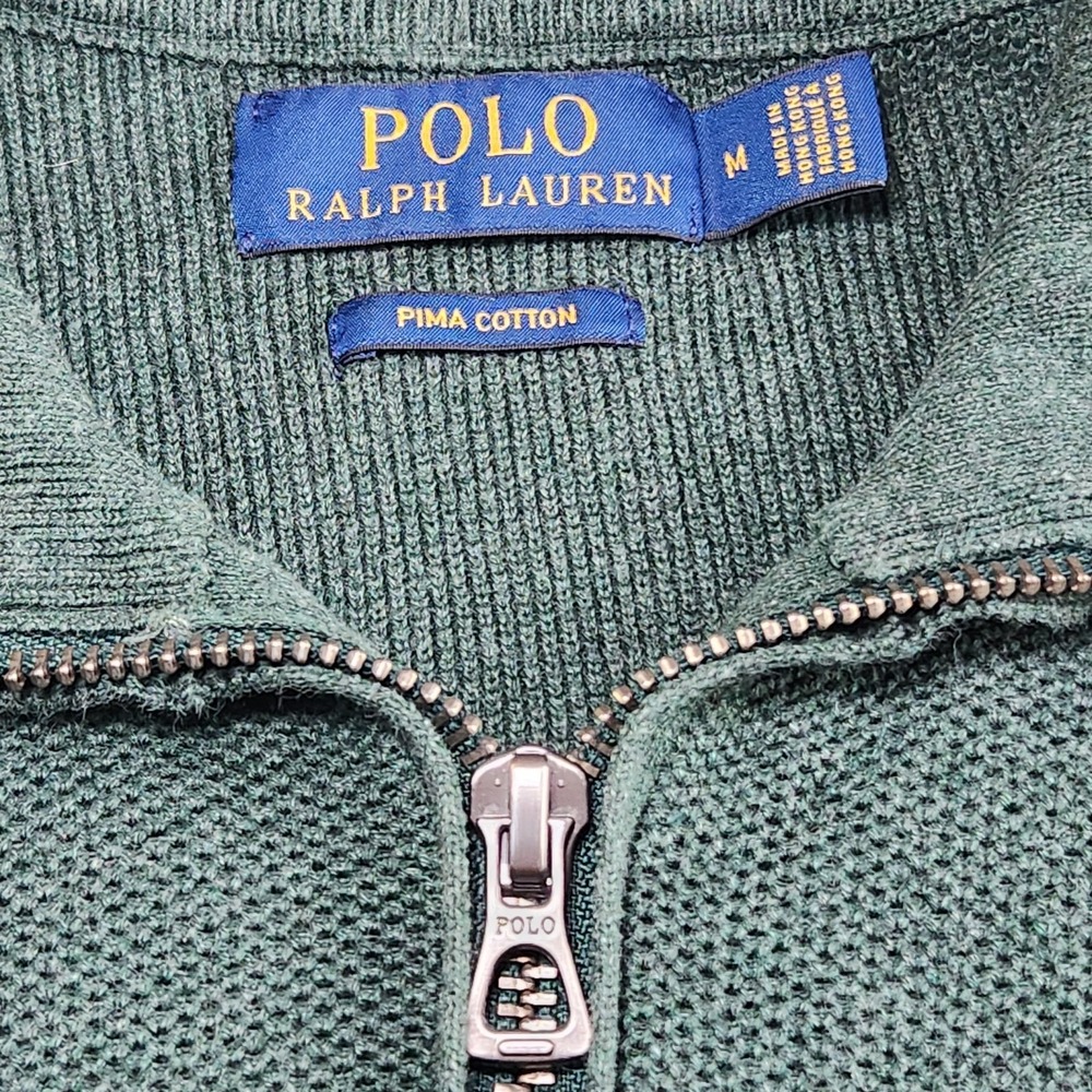 POLO RALPH LAUREN Quarter Zip Pullover Sweater Mens Medium Green Pima Cotton - Picture 4 of 7